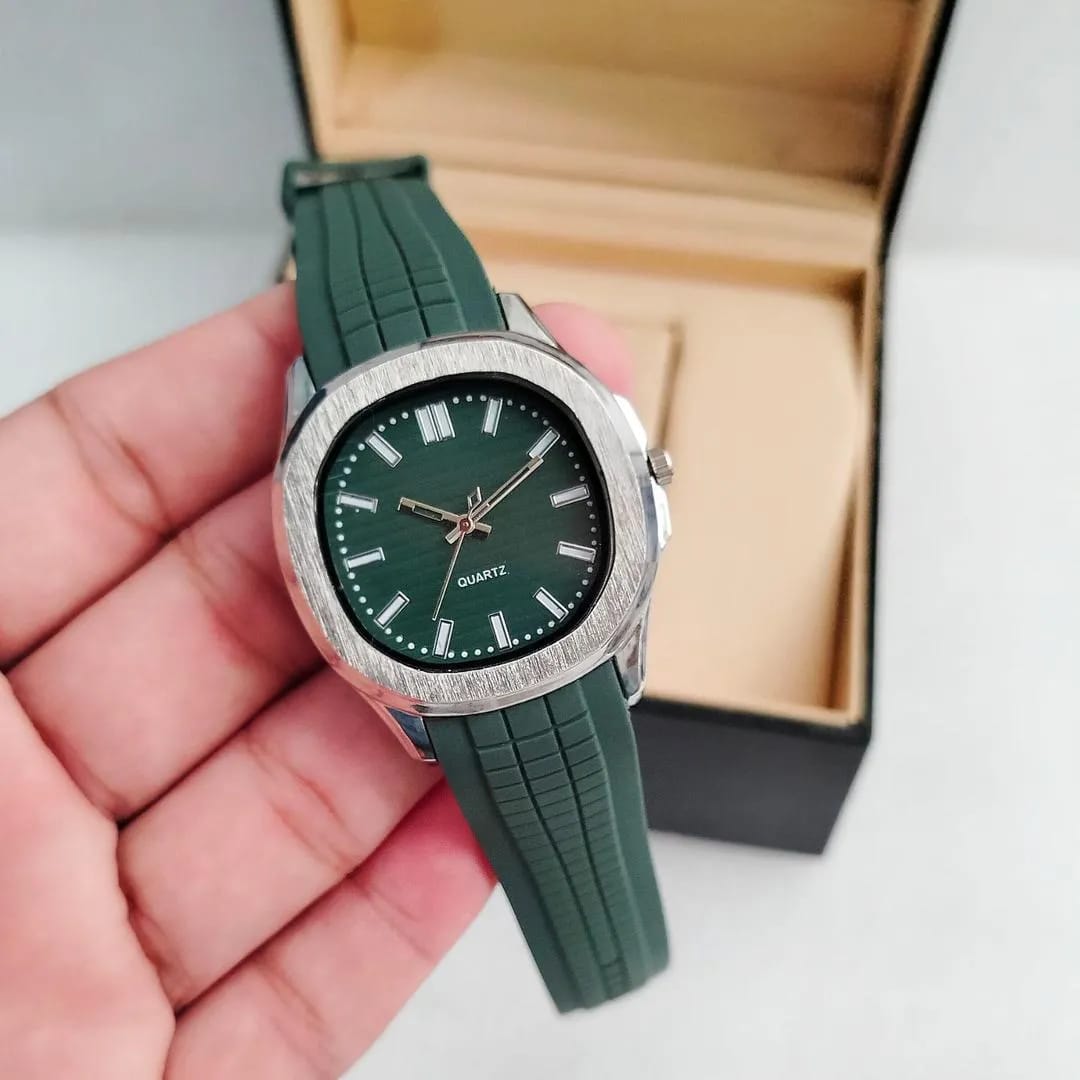 Premier Luxury Green Dial Men’s Watch | Silver Case with Olive Green Silicone Strap | Quartz
