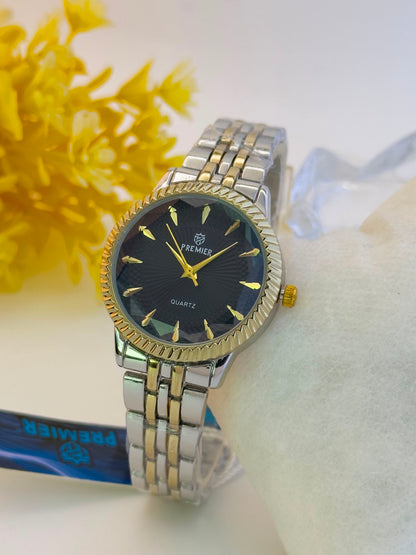Premier Luxury Two-Tone Women’s Watch | Black Faceted Dial with Gold & Silver Stainless Steel Bracelet