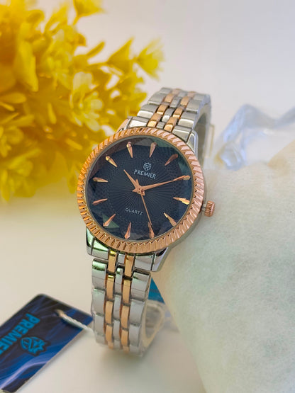 Premier Luxury Two-Tone Women’s Watch | Black Faceted Dial with Gold & Silver Stainless Steel Bracelet