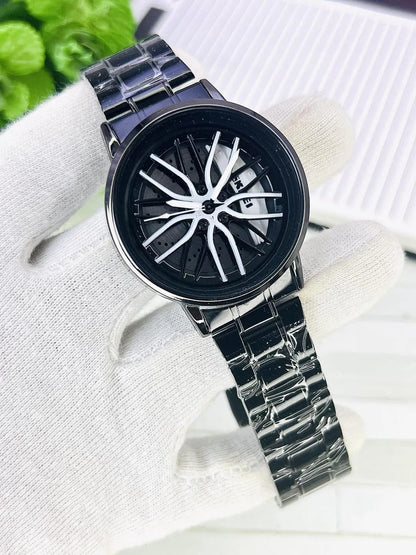 Premier Sports Car Rim Men’s Watch | Black Stainless Steel Strap with Yellow Spinning Wheel Dial