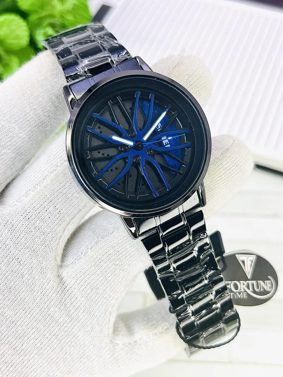 Premier Sports Car Rim Men’s Watch | Black Stainless Steel Strap with Yellow Spinning Wheel Dial