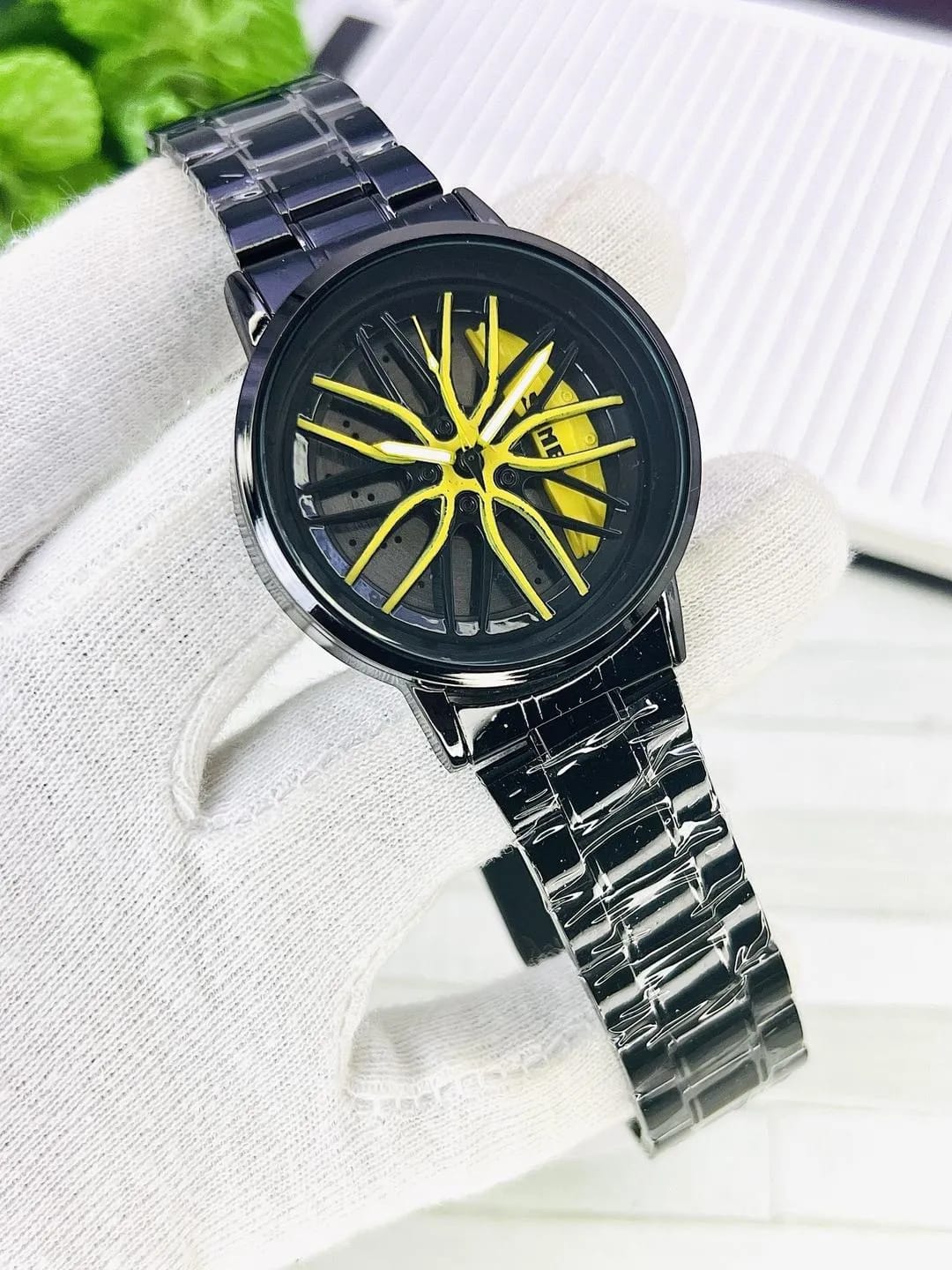 Premier Sports Car Rim Men’s Watch | Black Stainless Steel Strap with Yellow Spinning Wheel Dial