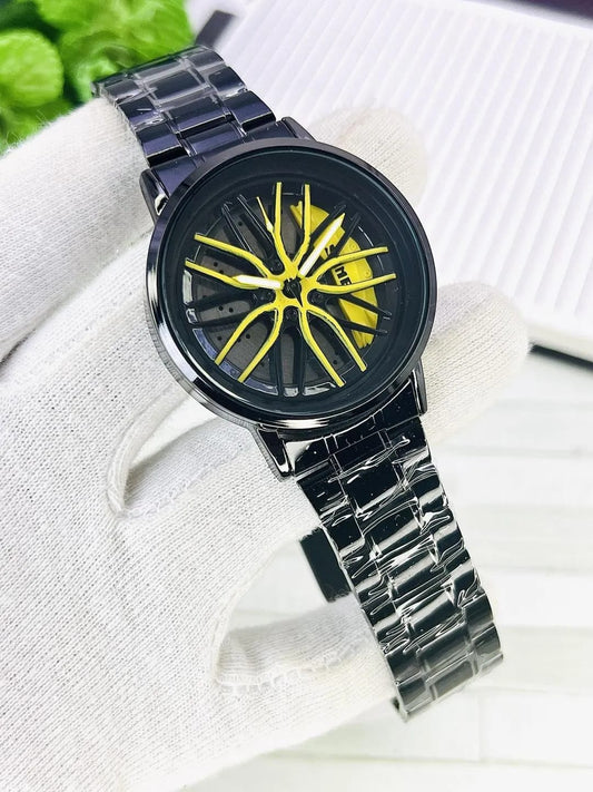 Premier Sports Car Rim Men’s Watch | Black Stainless Steel Strap with Yellow Spinning Wheel Dial