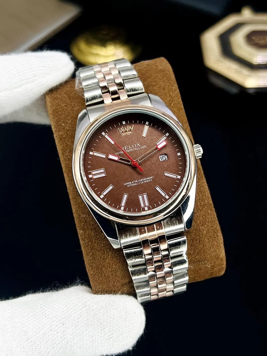 Premier Two-Tone Brown Dial Men’s Watch | Silver & Rose Gold Stainless Steel Strap with Date