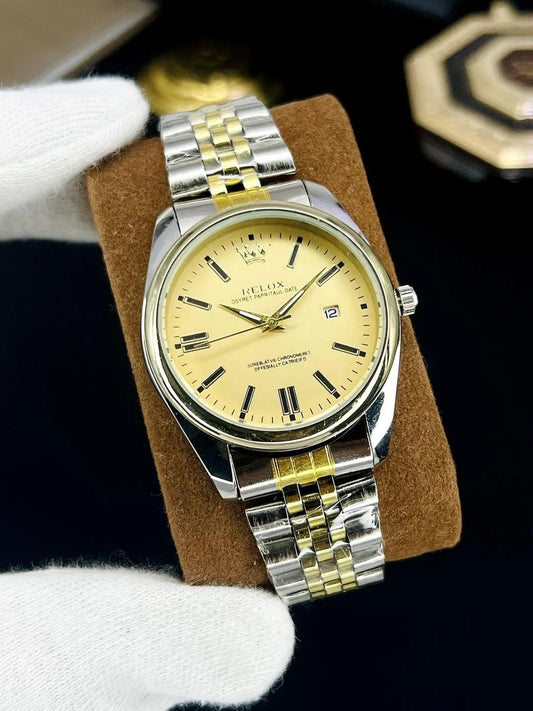 Premier Two-Tone Brown Dial Men’s Watch | Silver & Rose Gold Stainless Steel Strap with Date